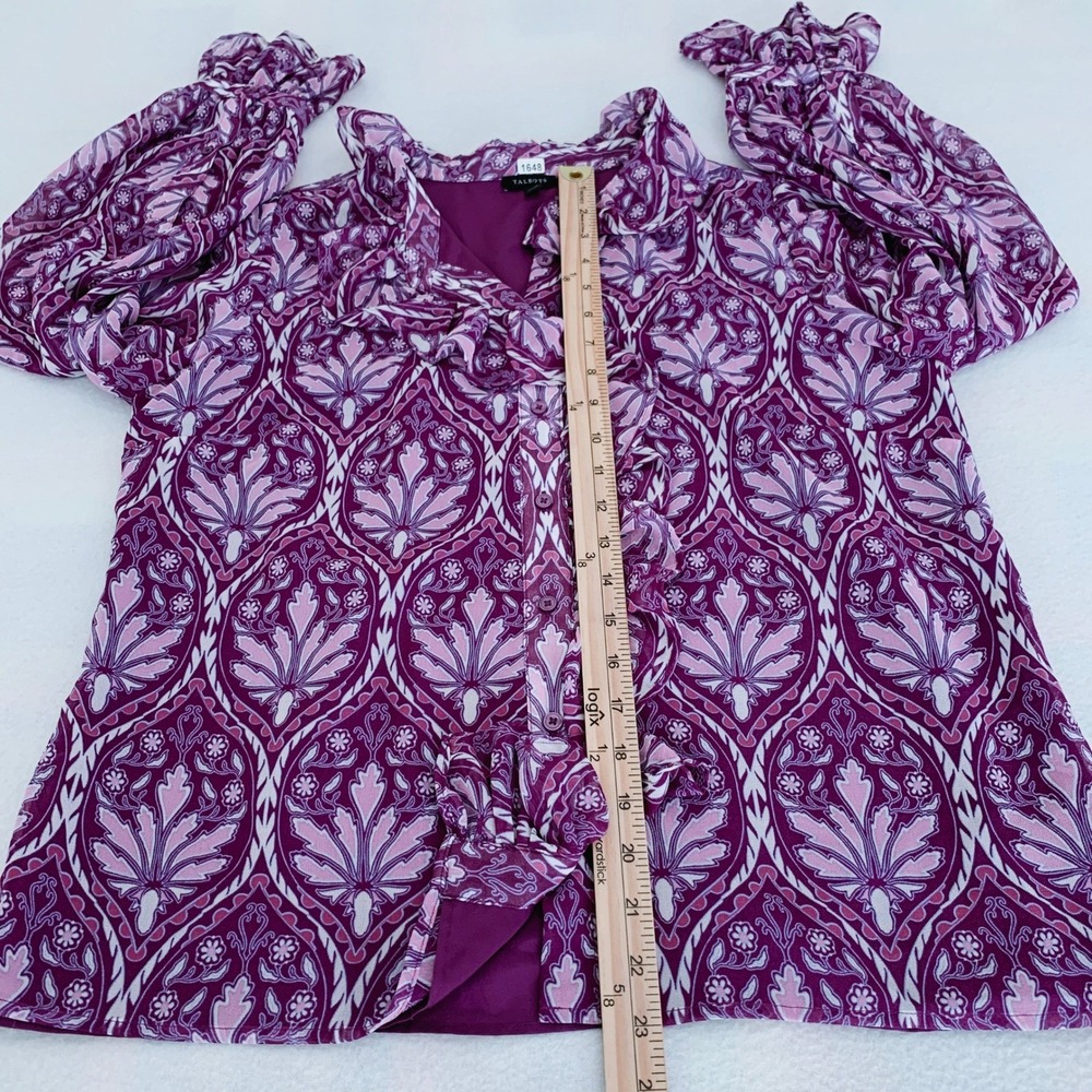 Talbots Blouse Women L Purple Floral Ruffle Neck Long Sleeve Button Front Top - Picture 8 of 10